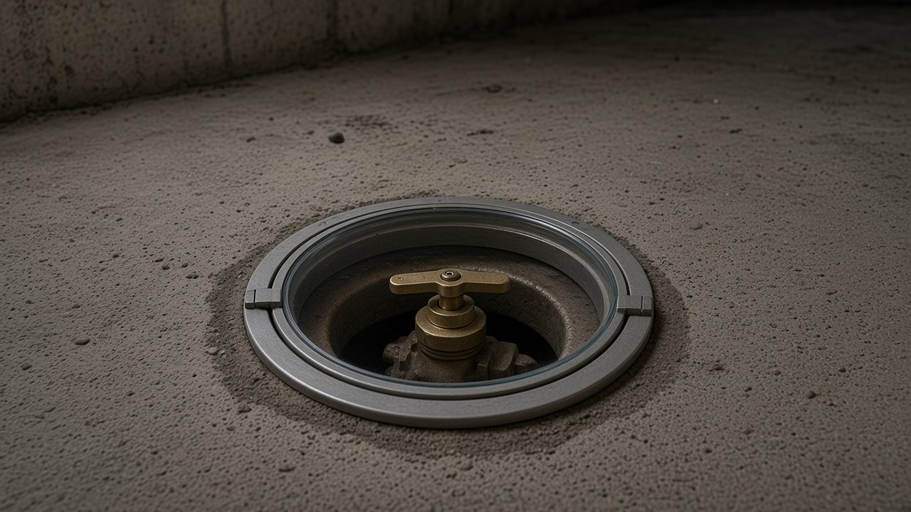 A round access cover set into a concrete basement floor, opened over the drain fitting below.
