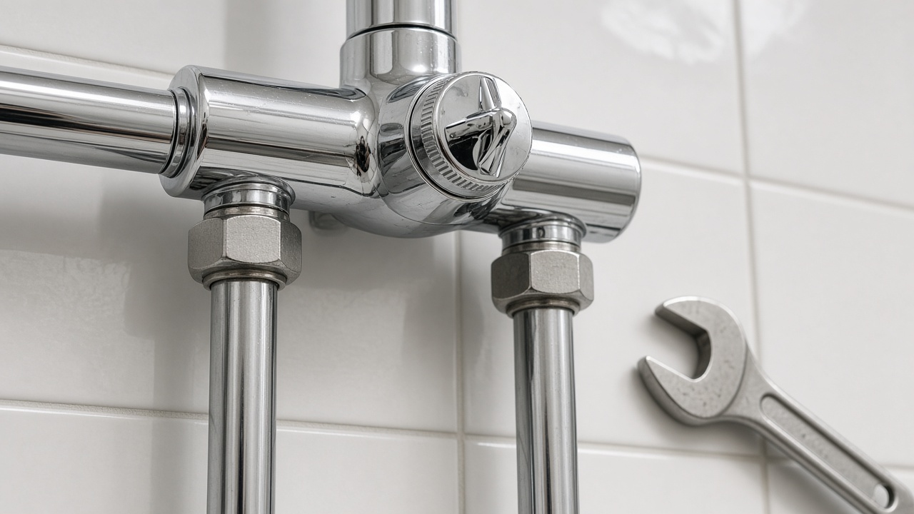 Close-up of the two chrome nuts that hold a bar mixer valve onto the hot and cold inlet pipes, with a wrench beside them.