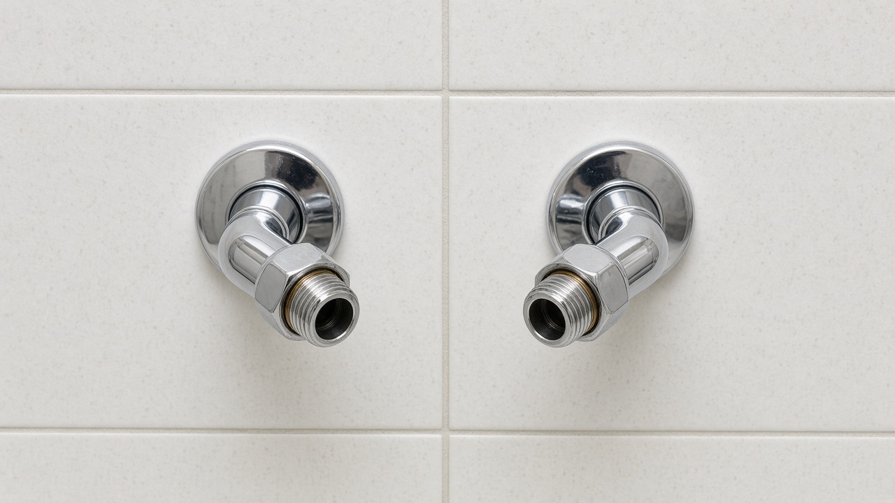Two chrome offset shower connectors coming out of a tiled wall, ready for a new bar mixer valve.