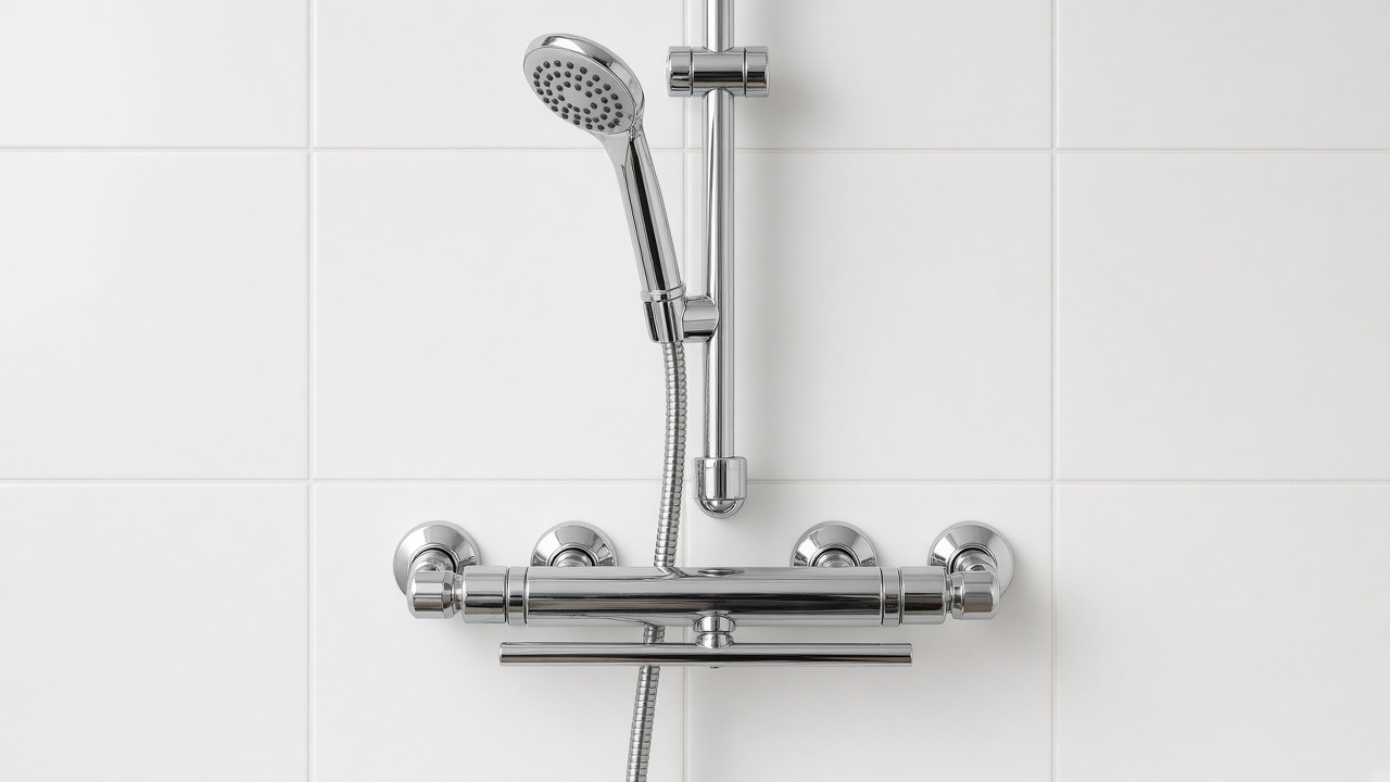 An exposed chrome bar mixer shower on white tile.