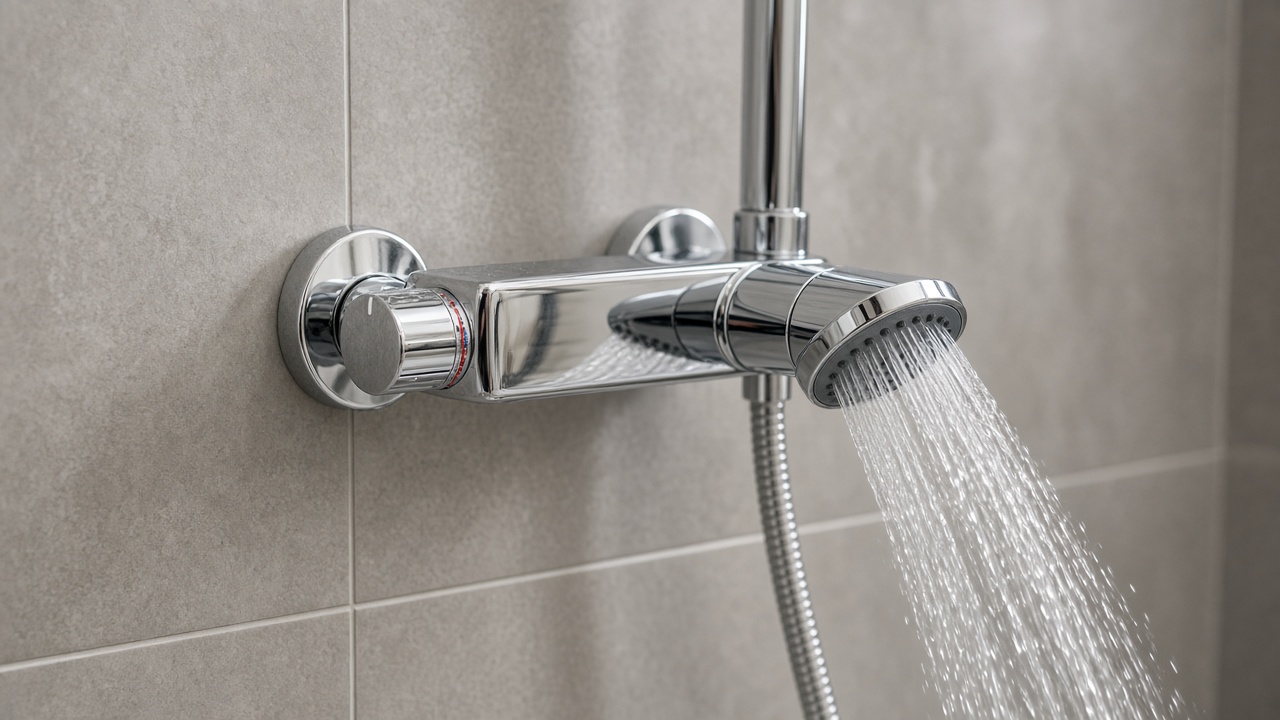 A chrome bar mixer shower running a steady stream, with the temperature control on the end of the valve.