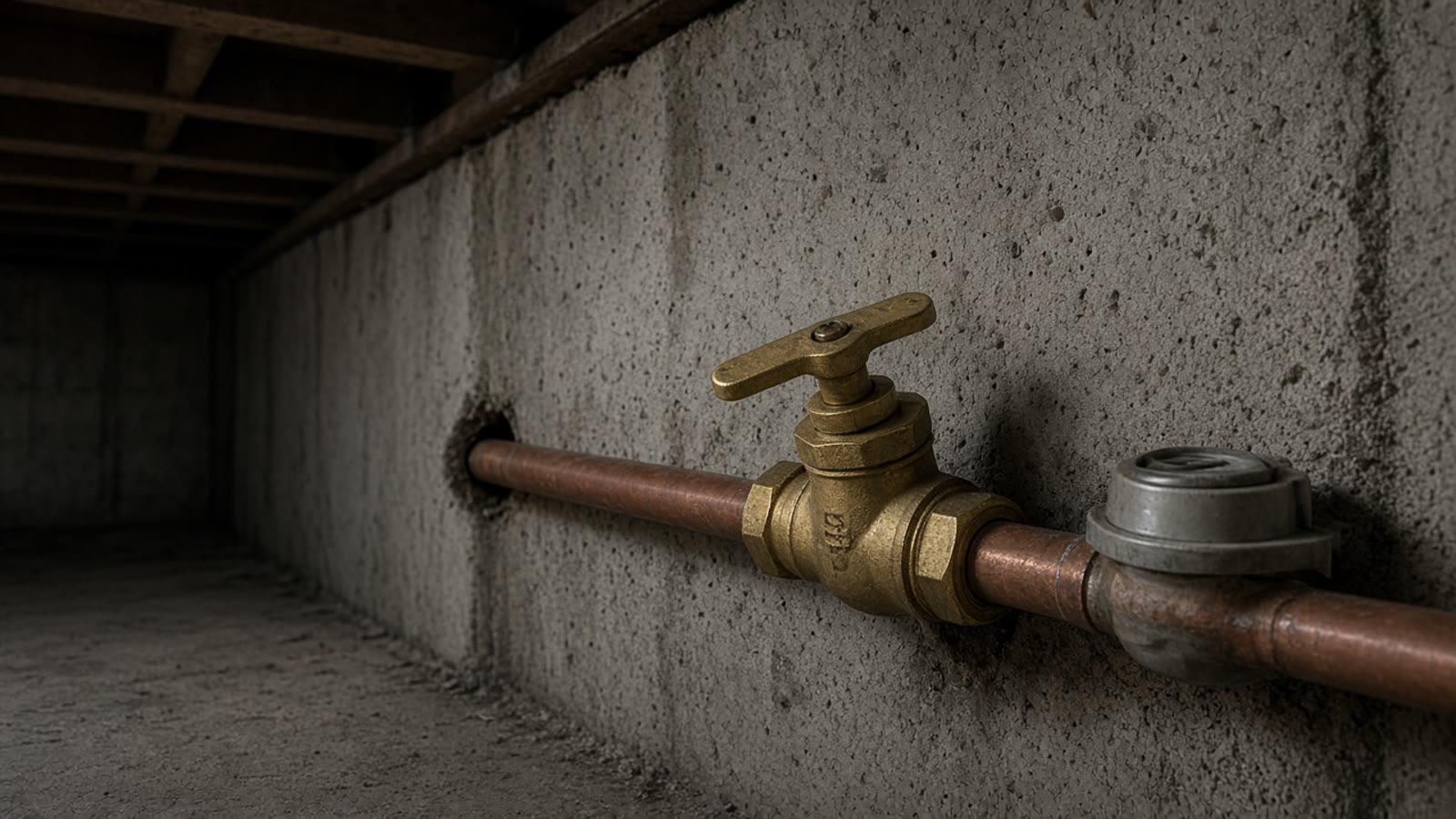 A brass main shutoff valve on a copper water line where it comes through a basement foundation wall.