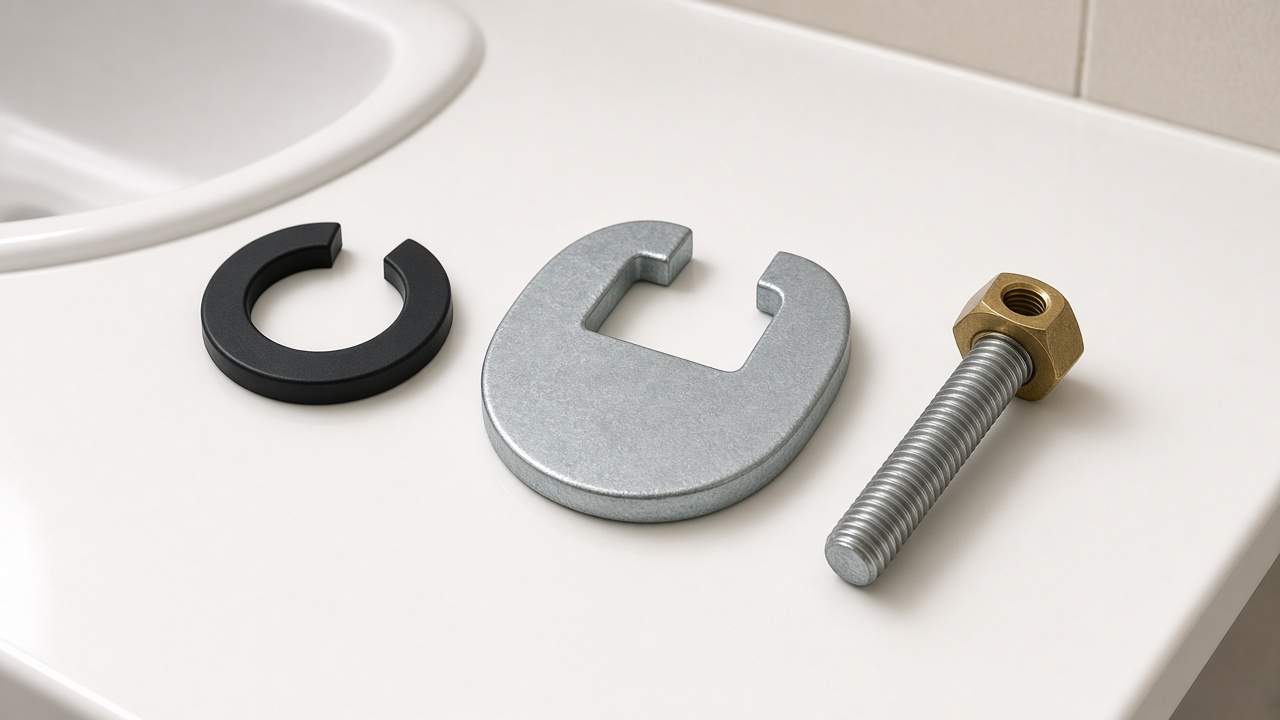 A basin tap fixing kit: a black rubber horseshoe washer, a metal horseshoe mounting plate, and a threaded stud with a brass nut.