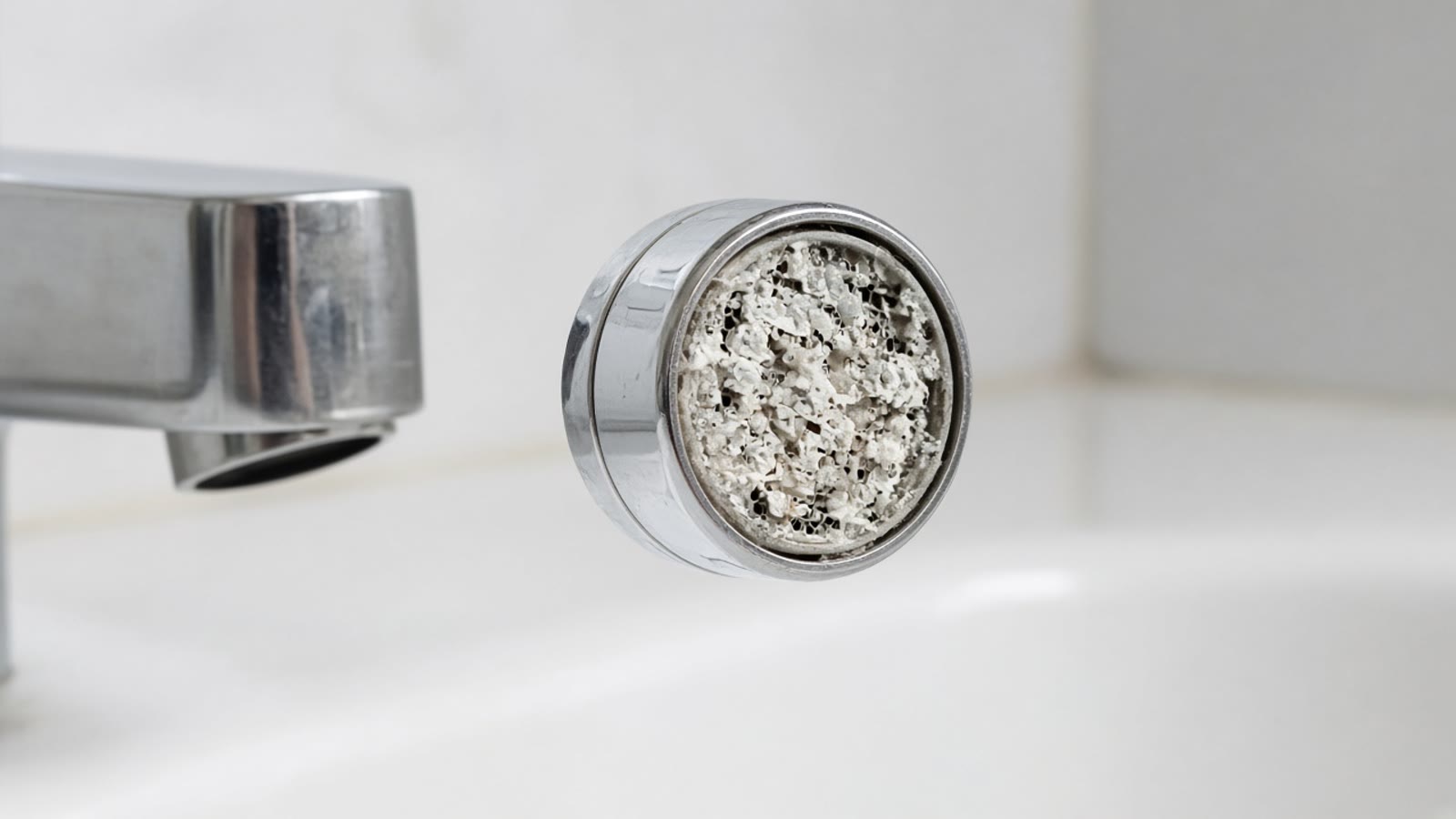 A faucet aerator removed from the spout, its screen packed with white mineral scale.