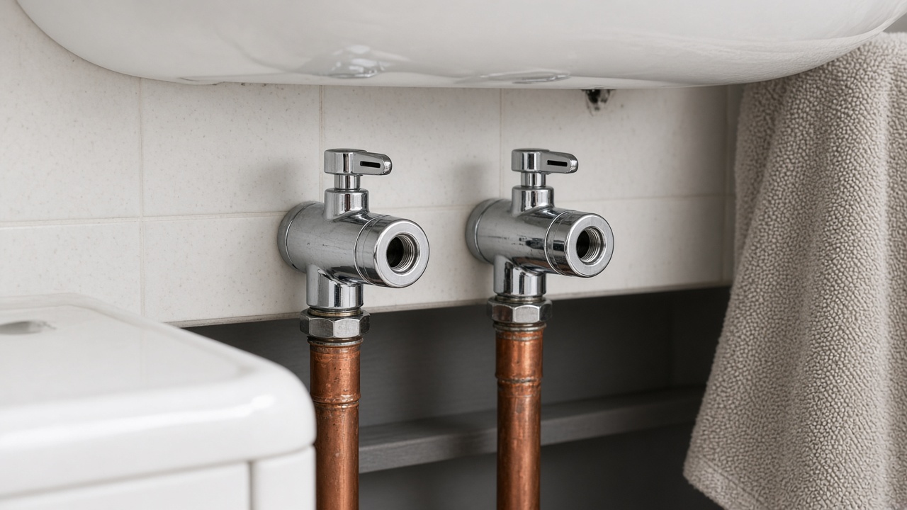 Two chrome flat-faced isolation valves on copper pipes under a sink, each with a flat threaded outlet for a flexible hose.
