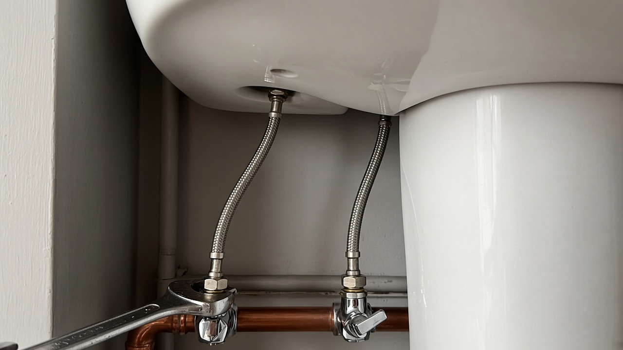 Two braided flexible tap tails under a pedestal basin, each tightened onto its own isolation valve, with a spanner on one nut.