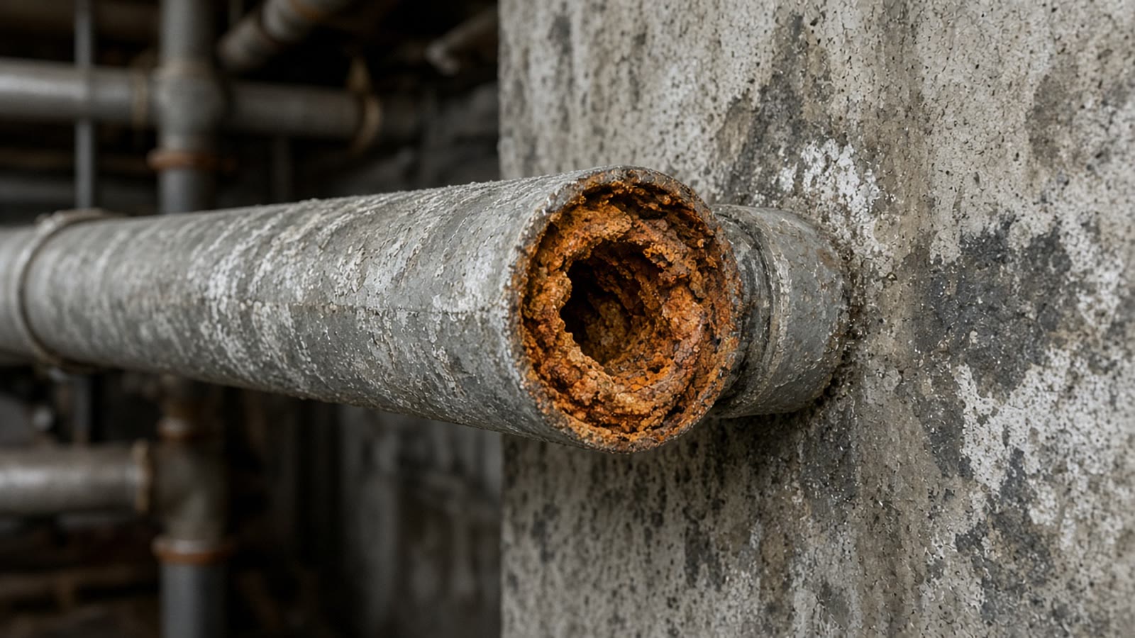 An old galvanized steel pipe cut open, with the inside choked by orange corrosion and mineral buildup.