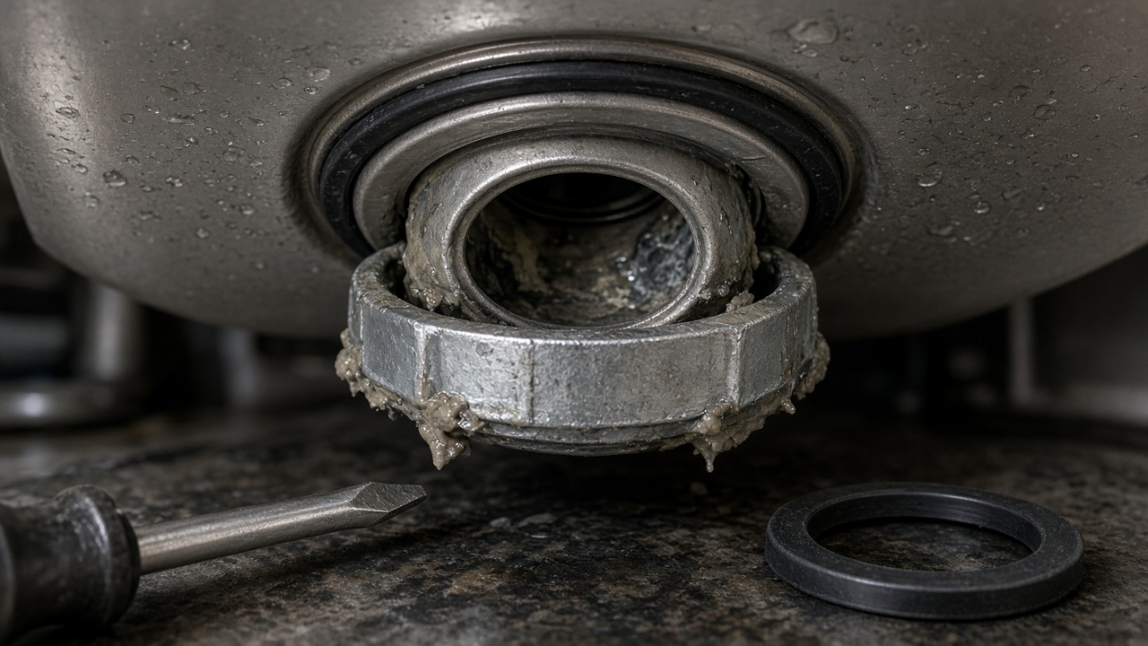 A sink strainer locknut, rubber gasket, and screwdriver under the basin, with old sealant on the fitting.