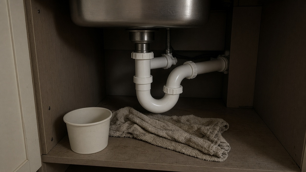 A kitchen P-trap under the sink, with a bucket and towel ready to catch water.