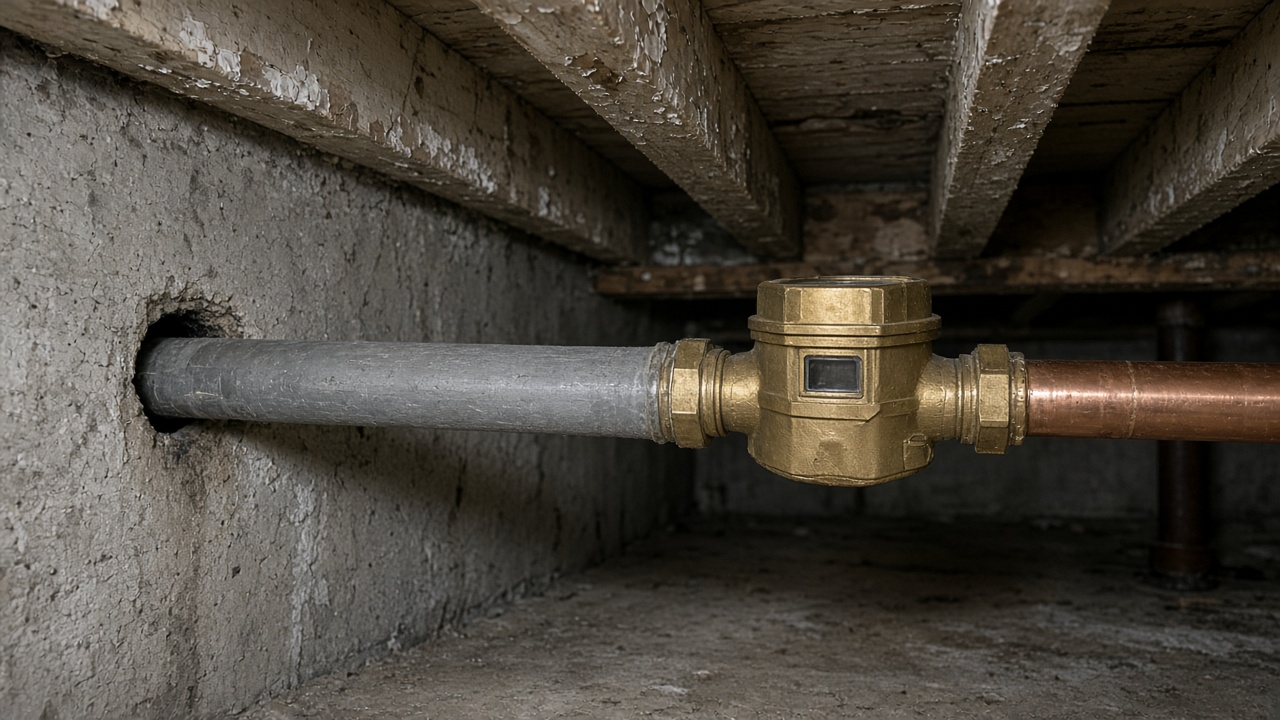A grey lead water service pipe entering a basement wall beside a water meter.