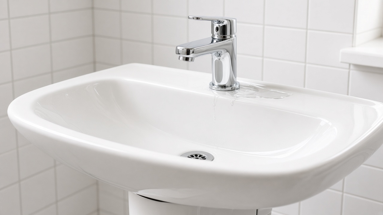 A chrome basin mixer on a white pedestal sink, with water trickling at the back of the tap.