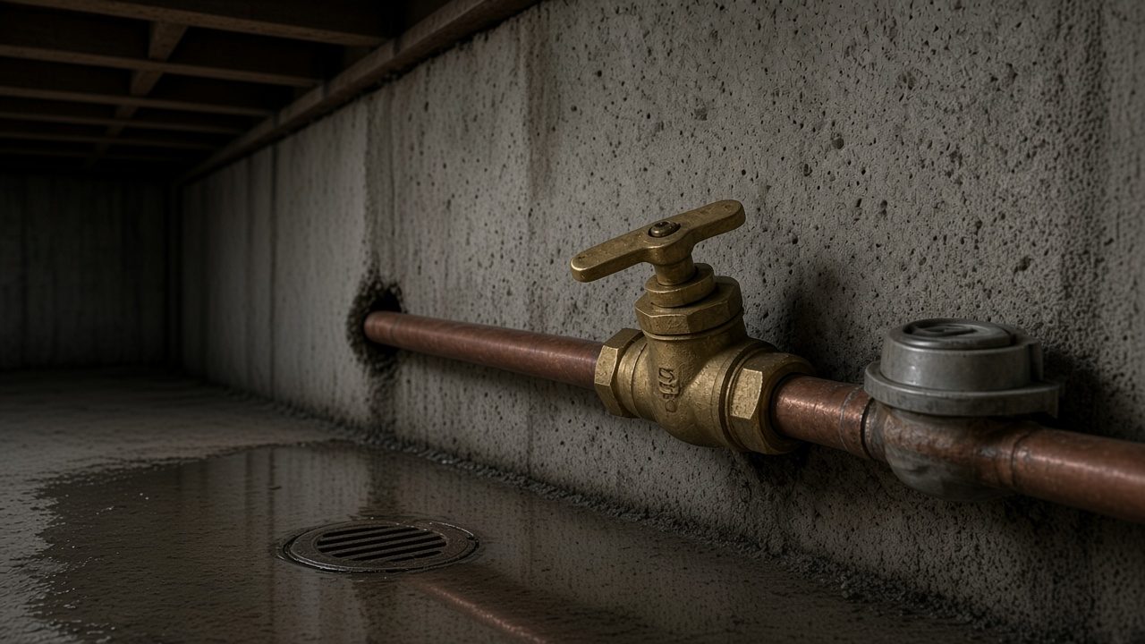 Standing water on a basement floor beside a floor drain and a copper water line.