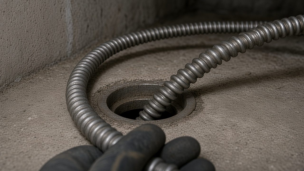 A steel drain snake feeding into an open basement floor drain.