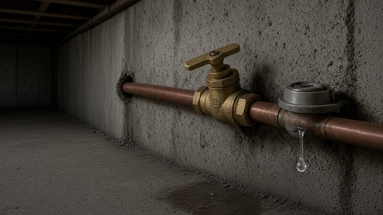 A drip falling from a copper pipe fitting in a basement.