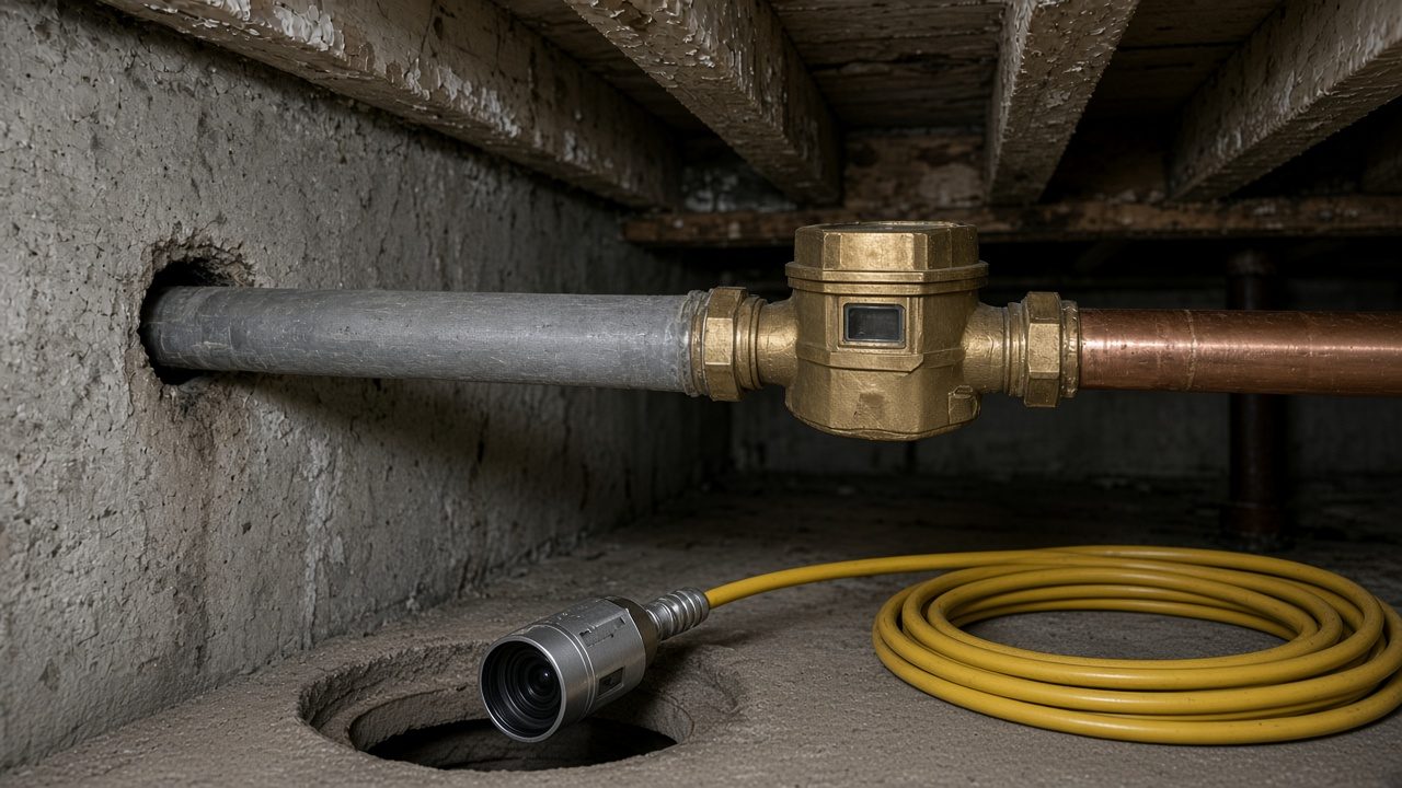 A sewer inspection camera and yellow push cable beside an open cleanout.