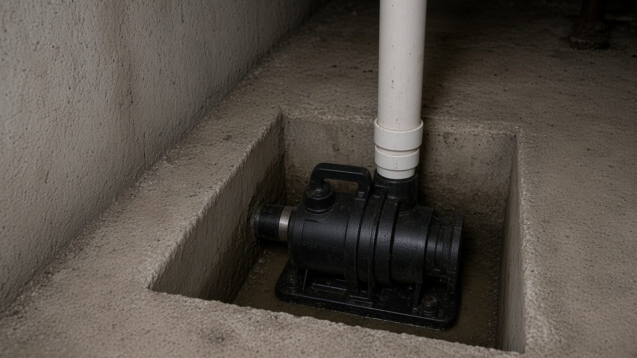 A sump pump sitting in a concrete pit in a basement.