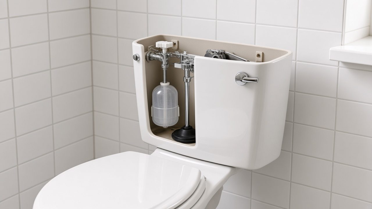 A toilet tank with the lid off, showing the fill valve and flapper.