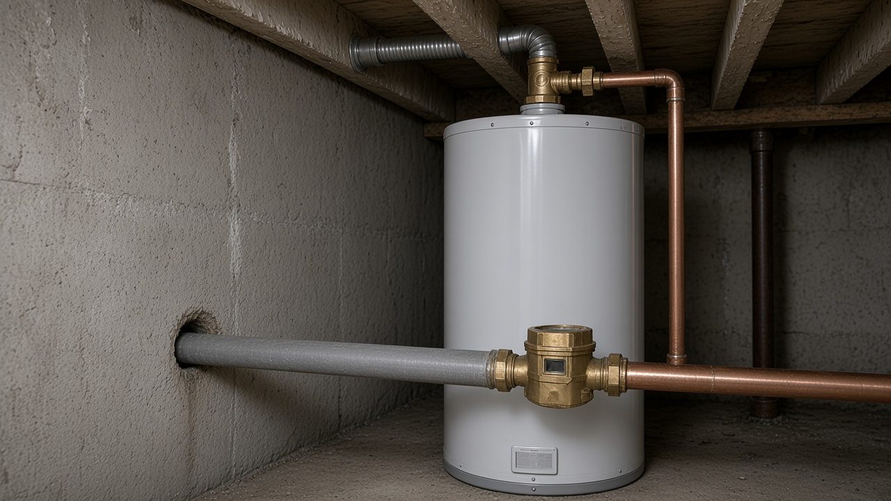 A tank water heater in a basement utility corner.