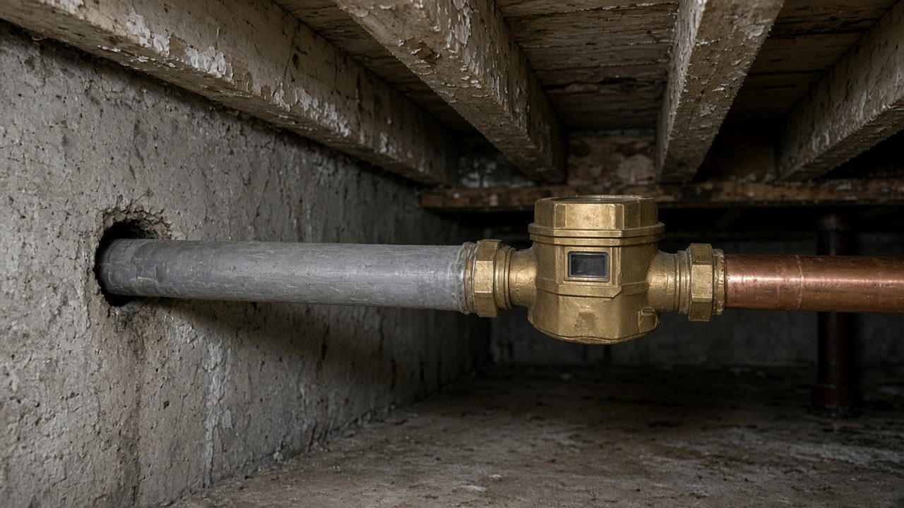 A grey water service pipe entering a basement wall and connecting to a water meter.